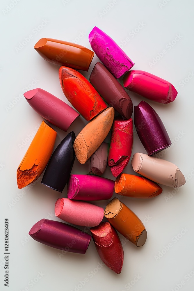 Assorted used lipstick collection on a white surface Assorted used lipstick collection on a white surface