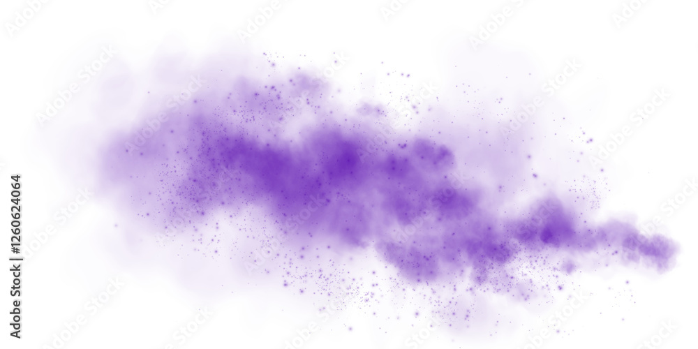 Obraz premium Fantastic purple smoke background. Purple spice powder explosion, spice splash, Magic smoke with glitter and small particles, fog with glowing particles, purple steam. PNG. 