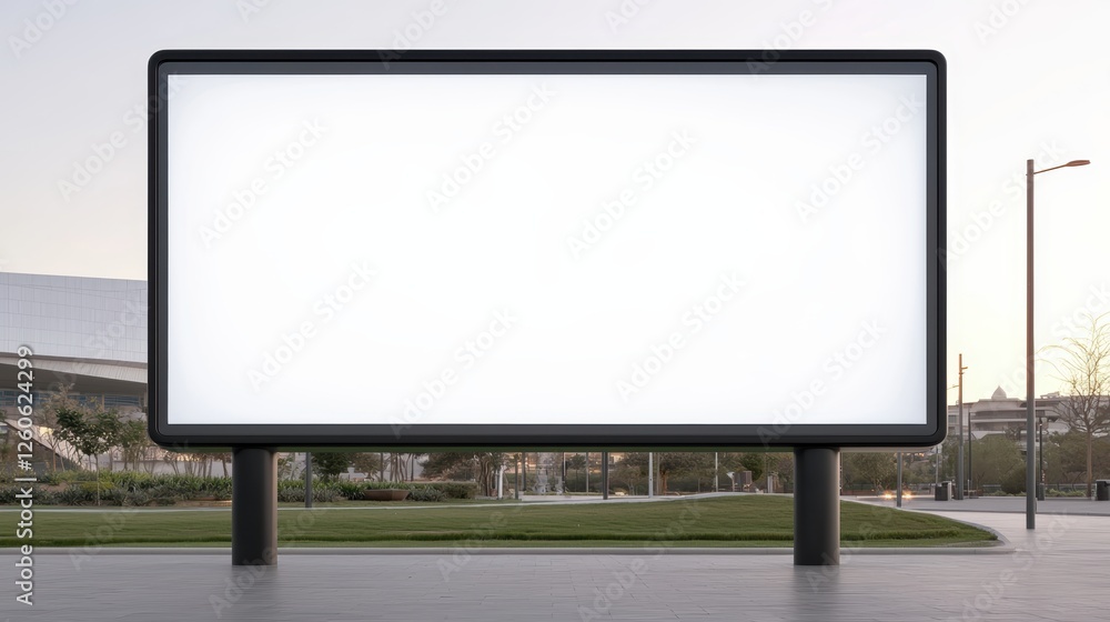Fototapeta premium A large blank billboard stands in a spacious area, surrounded by greenery, ready for advertisement or promotional content.