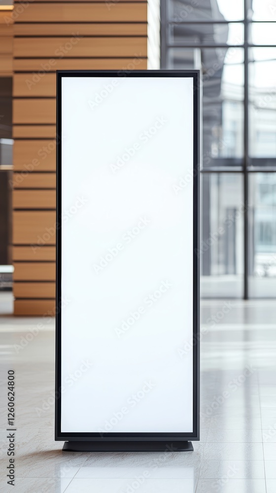 A sleek, minimalistic display stand with a blank surface, situated in a modern interior space with large windows and wooden accents. A sleek, minimalistic display stand with a blank surface, situated in a modern interior space with large windows and wooden accents.