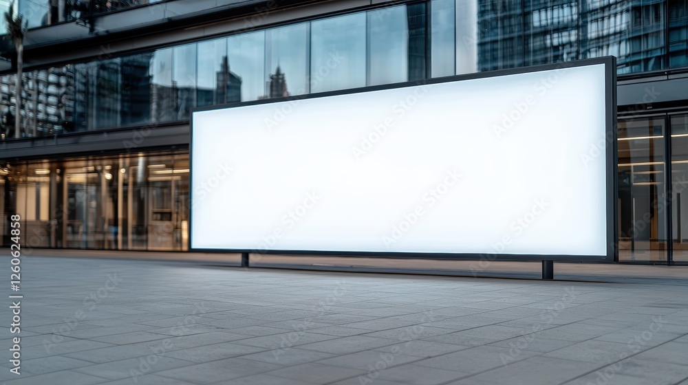 A blank billboard stands in front of a modern glass building, reflecting the urban environment, ready for advertisement. A blank billboard stands in front of a modern glass building, reflecting the urban environment, ready for advertisement.