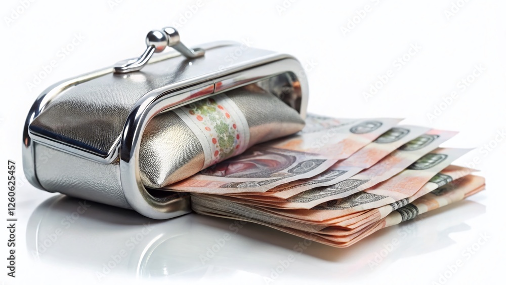 Double Exposure: Russian Rubles & Silver Purse - Isolated on White Double Exposure: Russian Rubles & Silver Purse - Isolated on White