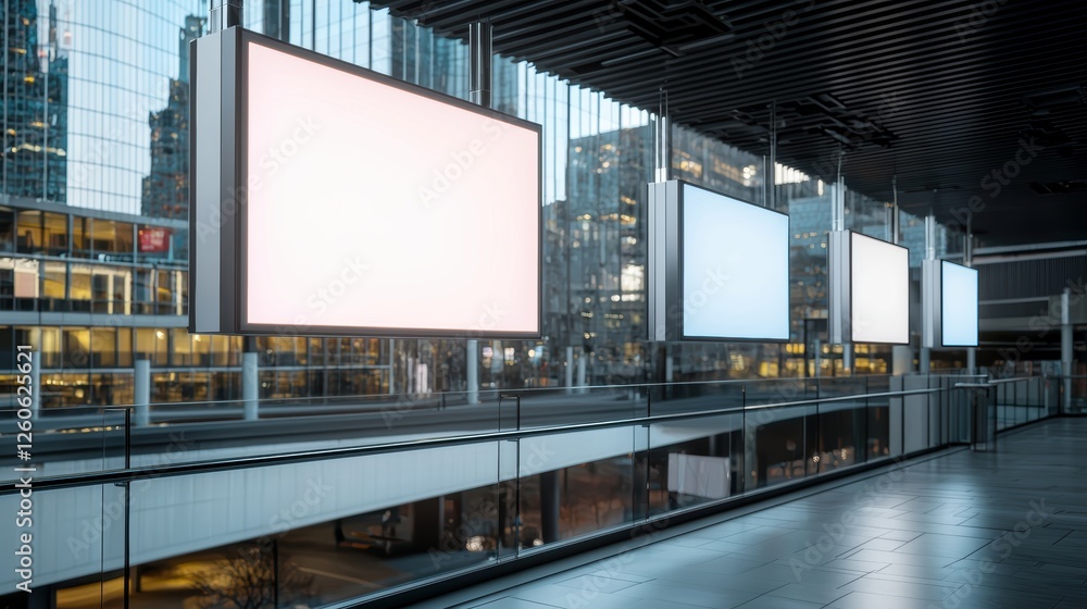 A modern urban space featuring large blank screens against a backdrop of glass buildings, suggesting opportunities for advertising or digital displays. A modern urban space featuring large blank screens against a backdrop of glass buildings, suggesting opportunities for advertising or digital displays.