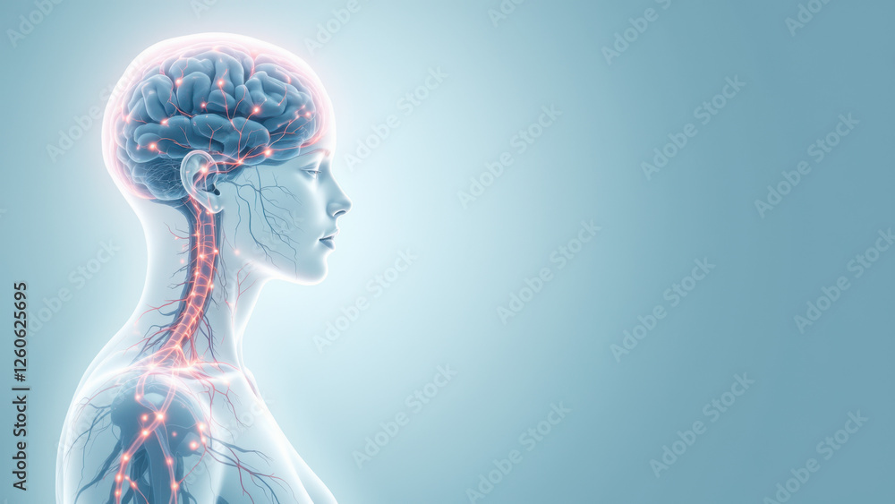 A detailed medical illustration focusing on human anatomy, specifically the central nervous system with a clear view of the brain. A detailed medical illustration focusing on human anatomy, specifically the central nervous system with a clear view of the brain.