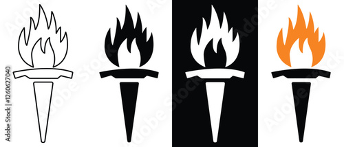 fire flame torch icon .torch burning fire light lit up. Torch icon vector. Flame symbol with holding stick. Victory, success or achievement sign.silhouette design