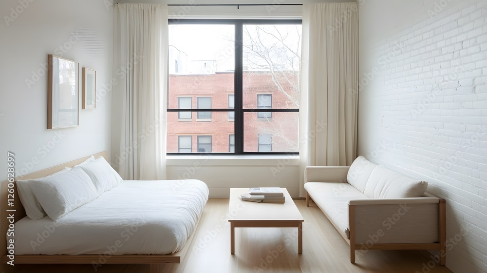 Fototapeta premium Minimalist Modern Bedroom Apartment Design with White Walls and Large Window