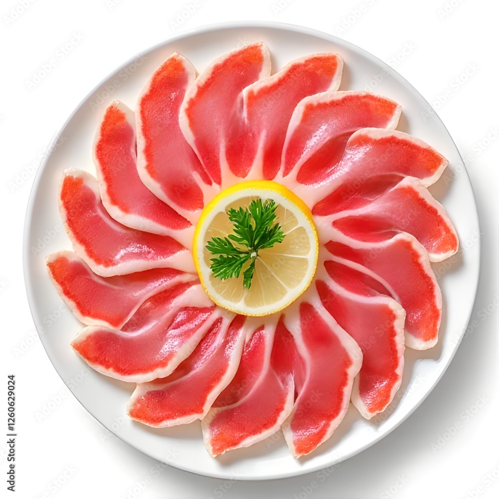 Thinly Sliced Raw Meat on White Plate with Lemon Garnish Thinly Sliced Raw Meat on White Plate with Lemon Garnish