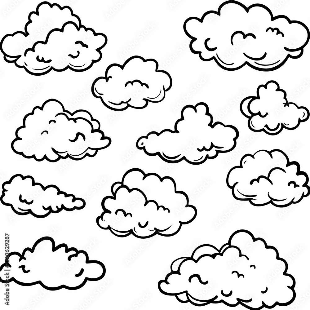 A charming vector illustration featuring whimsical hand-drawn clouds in various sizes and shapes, designed to add a playful and lighthearted aesthetic to creative projects A charming vector illustration featuring whimsical hand-drawn clouds in various sizes and shapes, designed to add a playful and lighthearted aesthetic to creative projects