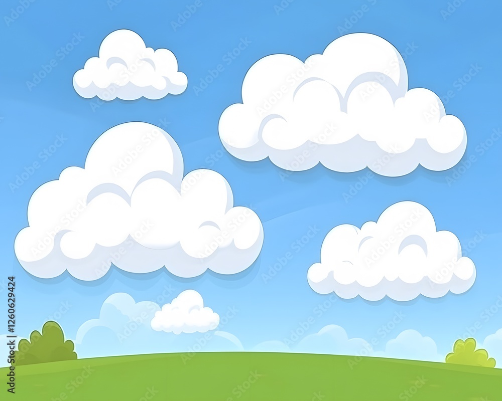 Cartoon Landscape- Fluffy Clouds over Green Hill Cartoon Landscape- Fluffy Clouds over Green Hill