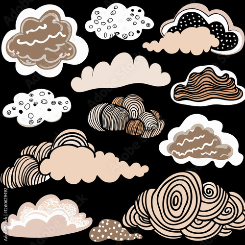 A striking vector illustration showcasing an artistic arrangement of whimsical, hand-drawn clouds in unique patterns, set against a bold black background to bring visual contrast and charm to design 