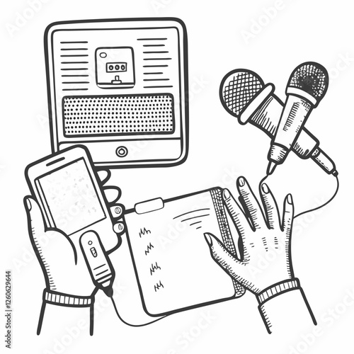 A detailed vector illustration of a hand holding essential media tools like a smartphone, notepad, and microphones, embodying the fusion of traditional reporting and modern digital journalism