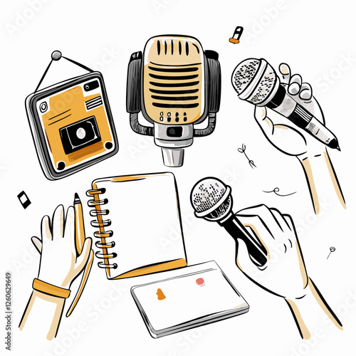 A detailed vector illustration featuring essential podcasting and broadcasting tools, including microphones, a tape recorder, and a notepad, symbolizing creativity, communication, and audio production