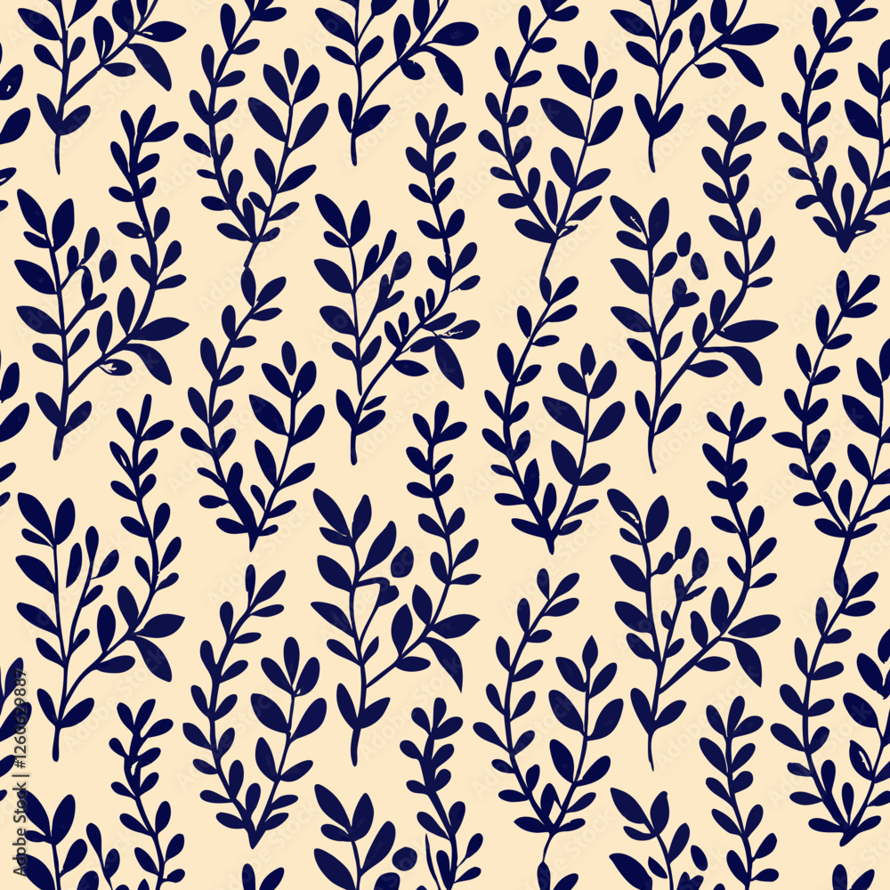 A seamless vector pattern featuring elegant navy blue botanical branches with intricate leaves against a soft beige background, perfect for adding a touch of nature-inspired sophistication to any desi A seamless vector pattern featuring elegant navy blue botanical branches with intricate leaves against a soft beige background, perfect for adding a touch of nature-inspired sophistication to any desi