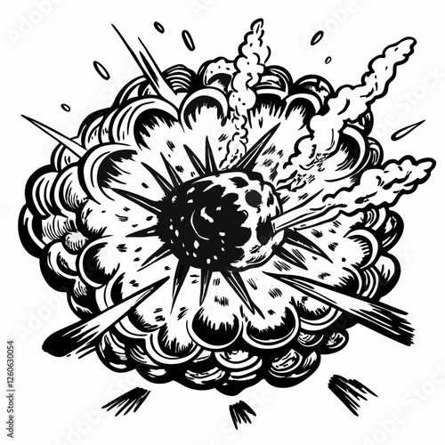 Dynamic black-and-white vector illustration of a powerful comic-style explosion, featuring bold lines, dramatic smoke clouds, and intense energy for impactful visual storytelling