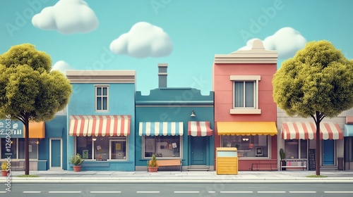 Colorful shops street sunny day cartoon illustration