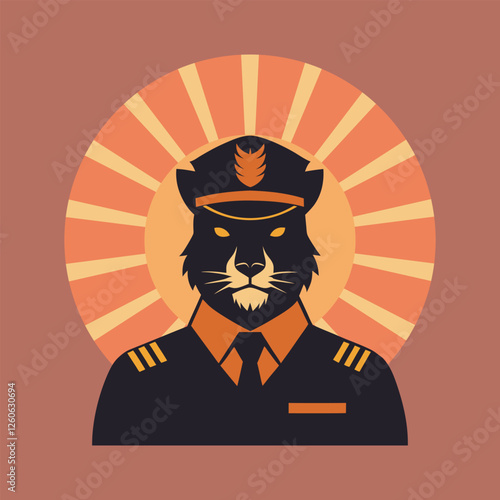 Captain cat silhouette with retro sunburst design