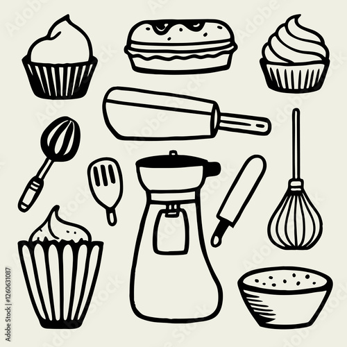 A delightful vector illustration showcasing a variety of baking tools and mouthwatering desserts, perfect for culinary-themed designs and creative projects