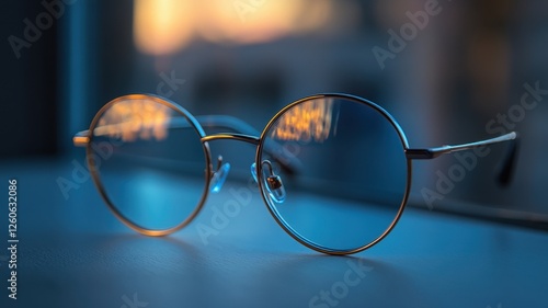 Elegant rimless glasses on a table indoor setting modern design close-up perspective symbol of sophistication photo