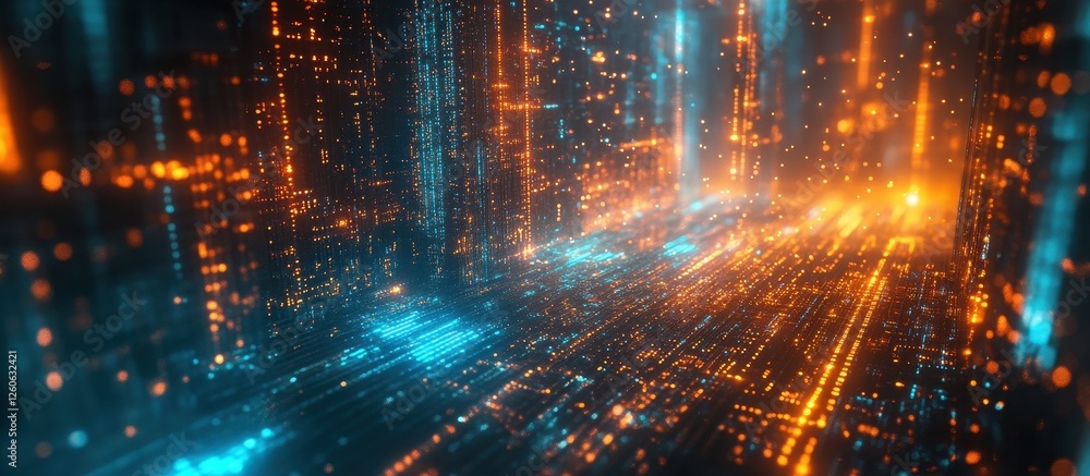 Naklejka premium Futuristic Digital Data Stream with Glowing Orange and Blue Lights in a Virtual Cyber Space Environment