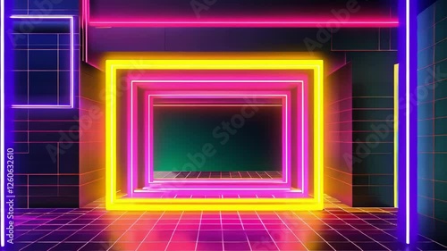 Wallpaper Mural A vibrant, neon-lit tunnel creates an immersive environment, highlighting modern design with dynamic reflections and colorful geometry. Torontodigital.ca