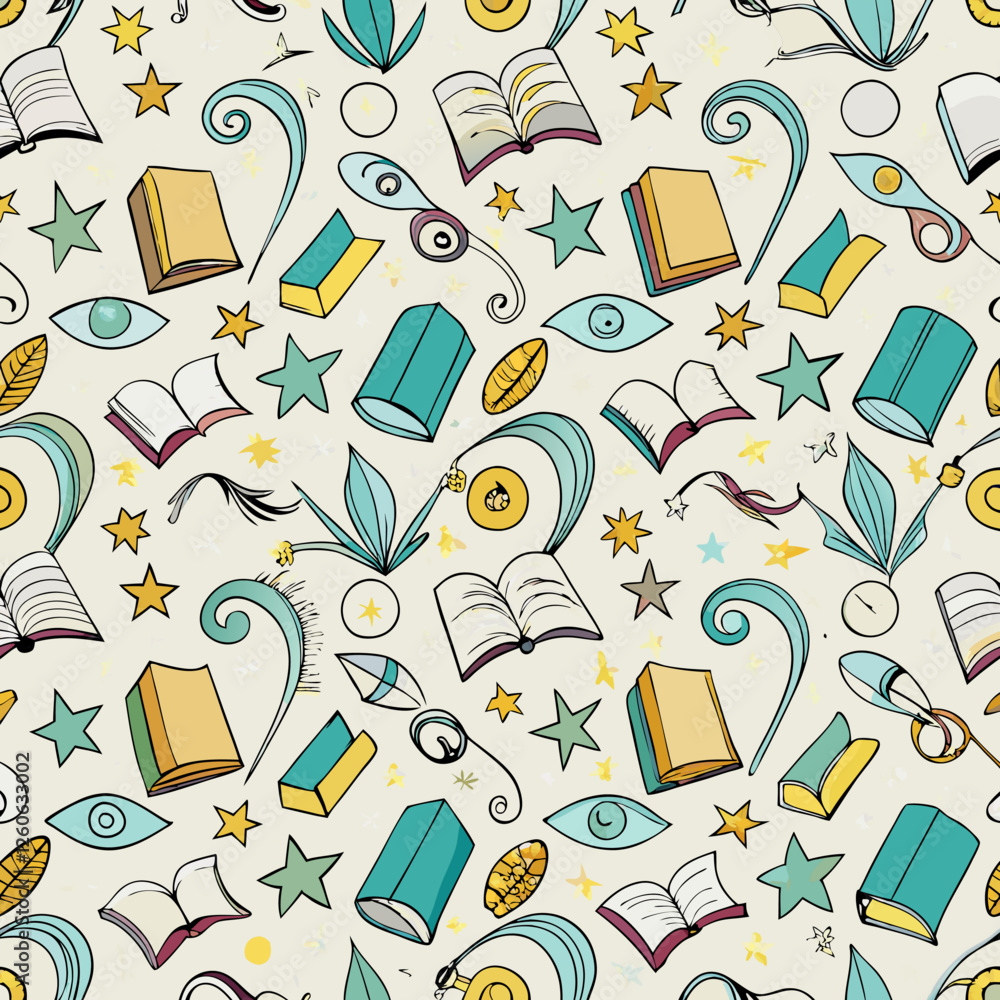 A seamless vector pattern featuring a whimsical blend of open and closed books, playful eyes, magical stars, and elegant swirling accents, perfect for enchanting educational and literary-themed design