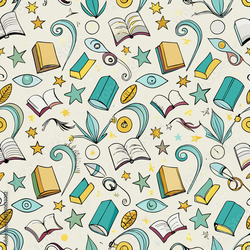 A seamless vector pattern featuring a whimsical blend of open and closed books, playful eyes, magical stars, and elegant swirling accents, perfect for enchanting educational and literary-themed design