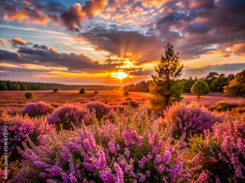 Silhouette of Heath Blossoms at Sunset, Veluwe National Park, Netherlands photo