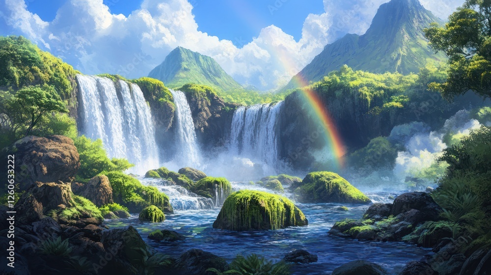 Naklejka premium Lush Waterfall Paradise Rainbow over Tropical Valley