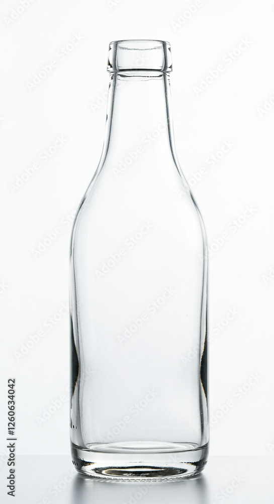 A clear glass bottle with a smooth surface, isolated against a plain white background, ideal for product photography A clear glass bottle with a smooth surface, isolated against a plain white background, ideal for product photography