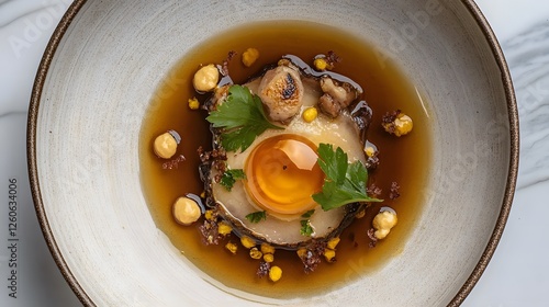 Gourmet Dish- Egg Yolk, Parsley, Broth in Bowl