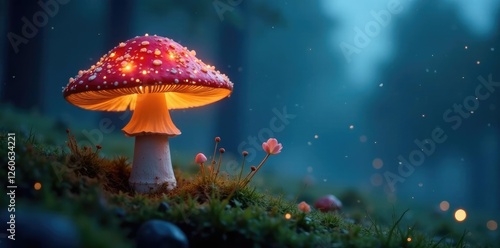 Wallpaper Mural A glowing toadstool in a misty meadow under a starry sky, magical fungi, atmospheric, whimsical Torontodigital.ca