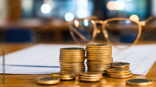 Wallpaper Mural Stack of coins and tax forms on wooden table, symbolizing finance and savings. scene conveys sense of financial planning and organization Torontodigital.ca
