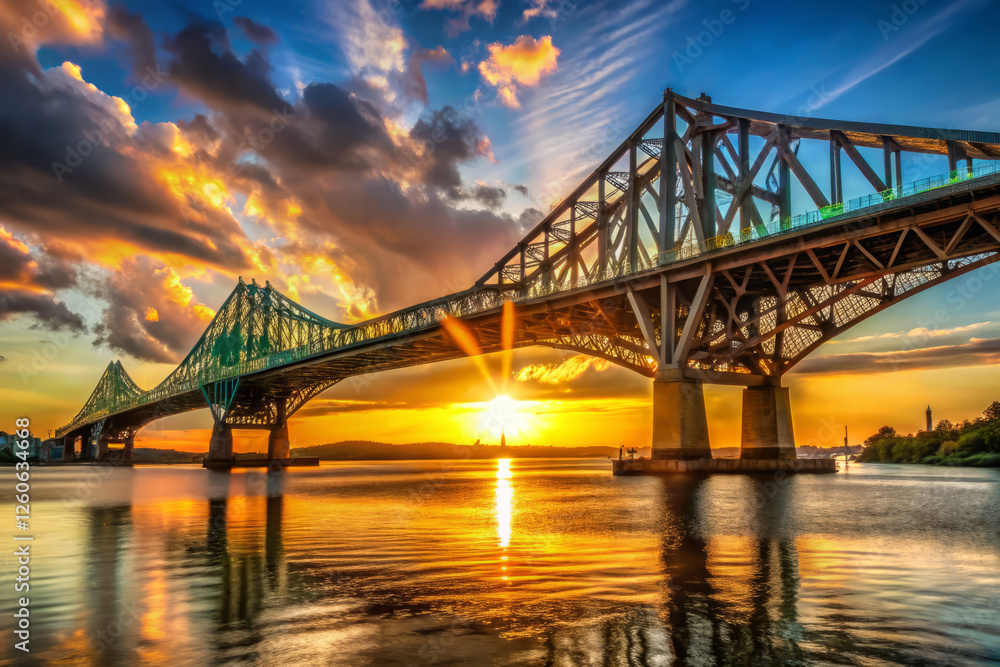 stunning sunset illuminates bridge over calm waters, reflecting vibrant colors stunning sunset illuminates bridge over calm waters, reflecting vibrant colors