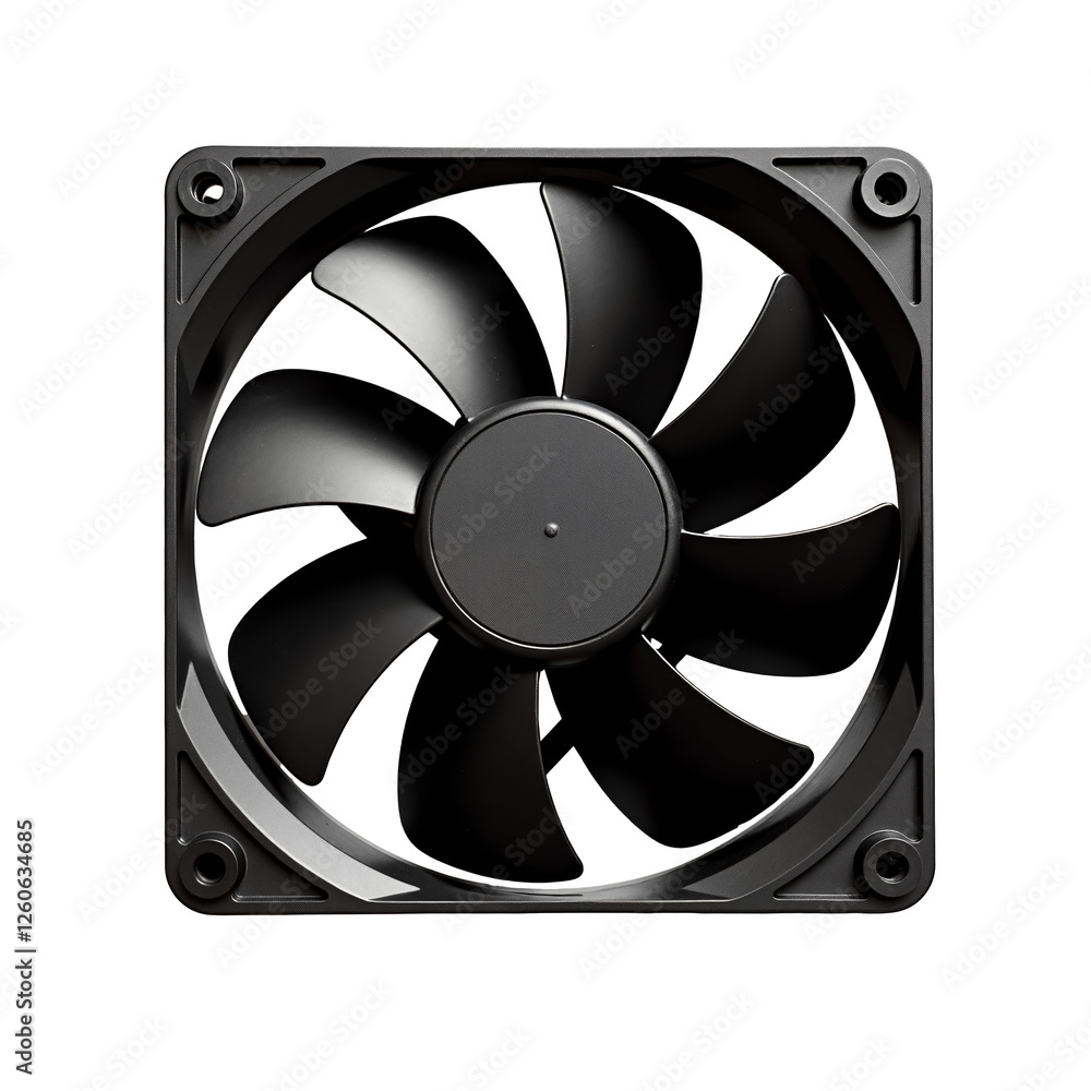 High-performance black cooling fan with sleek design suitable for ventilation on a white background High-performance black cooling fan with sleek design suitable for ventilation on a white background
