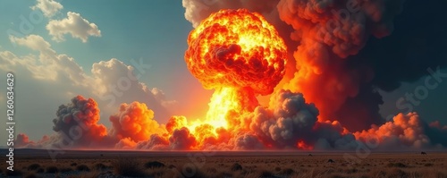 A massive explosion rocks the landscape as an intercontinental ballistic missile detonates beneath it, Landscape, Explosion photo