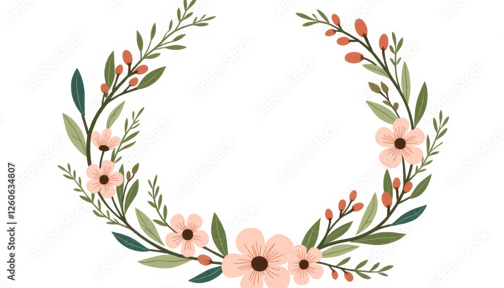 Fototapeta premium Floral wreath design with greenery and pink flowers