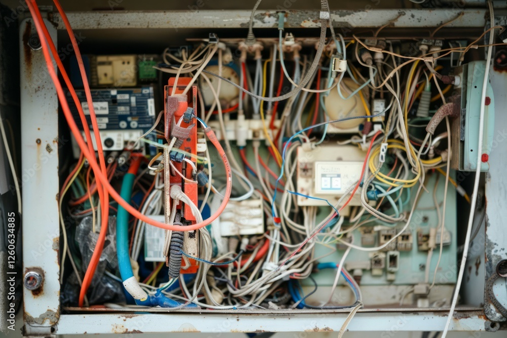 The electrical wires in the phone line box look messy. Neural network ai generated The electrical wires in the phone line box look messy. Neural network ai generated