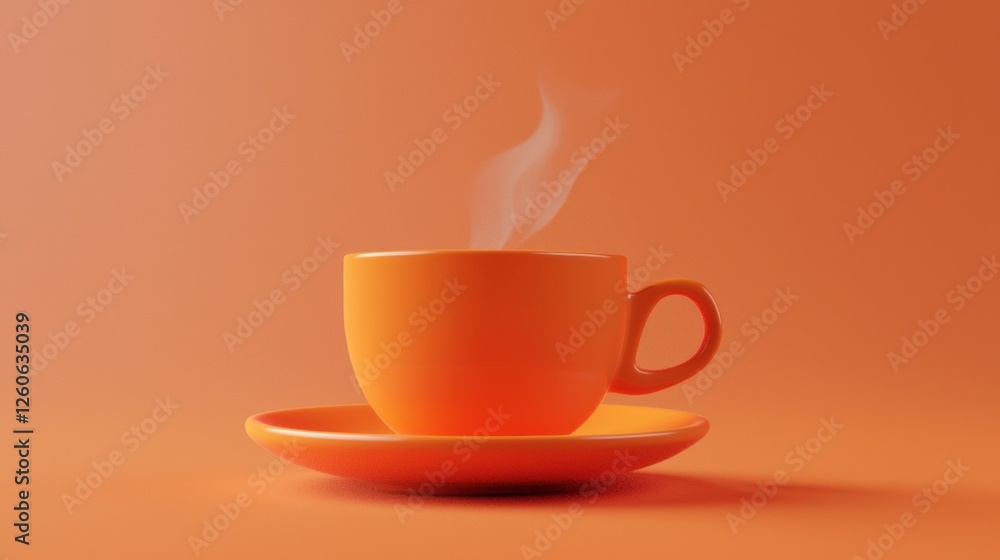 Obraz premium A vibrant orange cup holds a fresh brew, releasing gentle wisps of steam. Set against a matching background, it evokes warmth and comfort, perfect for leisurely moments alone or shared