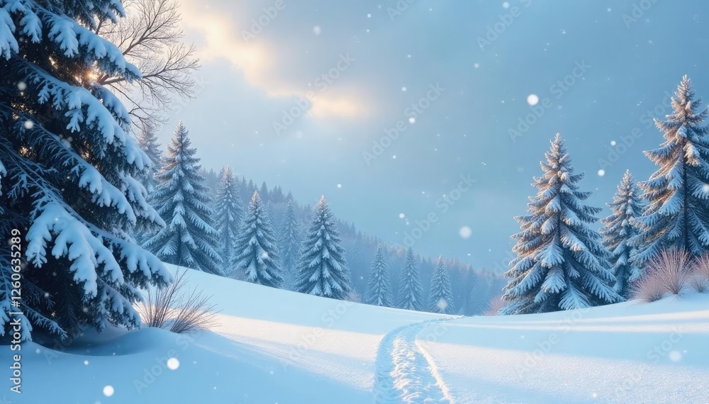 A serene and calm winter scene with snow falling from the sky, serenity, peaceful atmosphere A serene and calm winter scene with snow falling from the sky, serenity, peaceful atmosphere