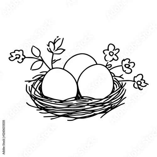minimal easter nest with three eggs and floral decoration