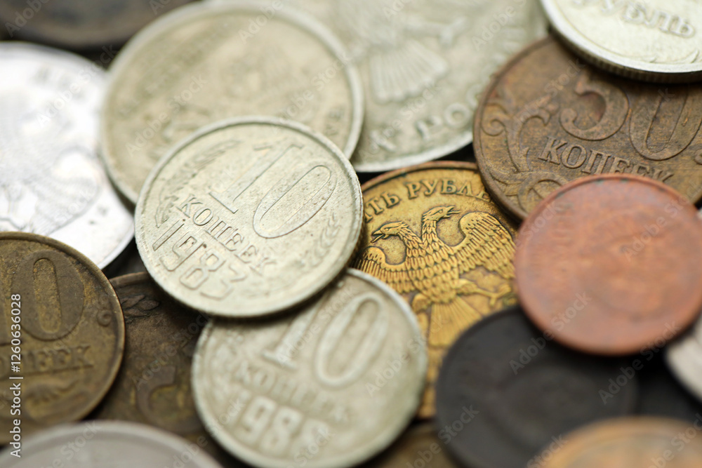 Big pile of different coins from various time period in Russia and Soviet Union. Old and dirty russian money Big pile of different coins from various time period in Russia and Soviet Union. Old and dirty russian money