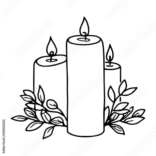 vector illustration of three candles with leaves, black and white sketch for easter