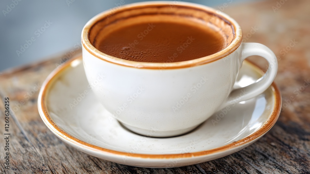 Closeup of Espresso Coffee in White Cup on Rustic Wooden Table Closeup of Espresso Coffee in White Cup on Rustic Wooden Table
