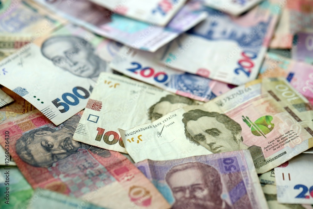 Big amount of different ukrainian hryvnia currency money bills in pile Big amount of different ukrainian hryvnia currency money bills in pile