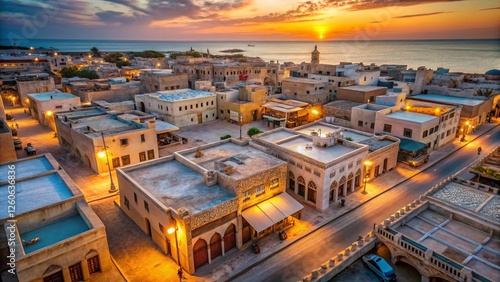 Drone View: Closed Shops, Traditional Architecture, Al Wakrah Coastal City, Qatar photo