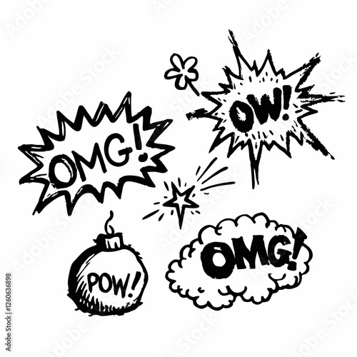 A vibrant and energetic vector illustration featuring explosive comic-style exclamations like 'OMG!', 'OW!', and 'POW!', surrounded by bold graphic bursts, perfect for adding a playful and dramatic fl