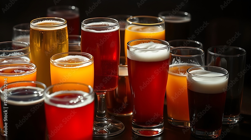 Many glasses of drinks. Juice beer and tea Many glasses of drinks. Juice beer and tea