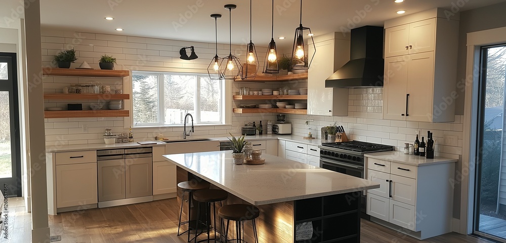 A modern kitchen with open shelving, a kitchen island, and pendant lighting. A modern kitchen with open shelving, a kitchen island, and pendant lighting.