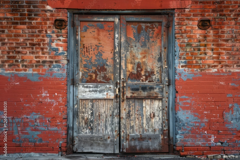 Red brick wall with old rustic weathered door in european city. Detailed photo textured background Red brick wall with old rustic weathered door in european city. Detailed photo textured background