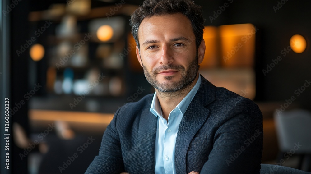 Fototapeta premium Confident businessman portrait, cafe background, professional headshot